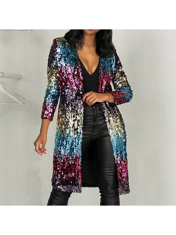 Sequin Cardigan Jackets for Women, Long Sleeves Open Front Duster Blazers Cover-up Jacket Coat