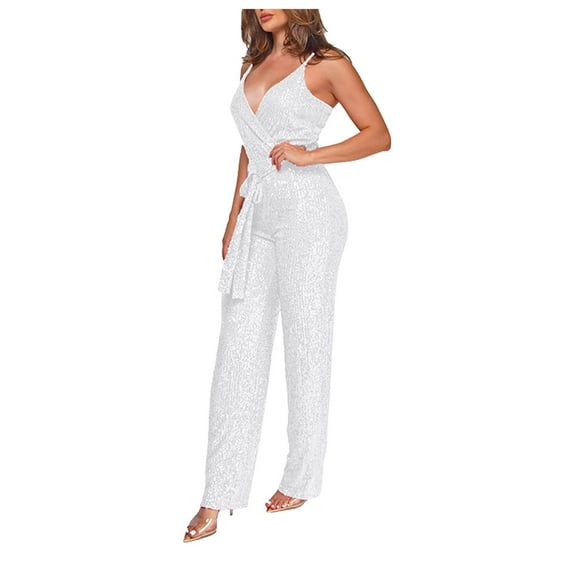 jjayotai Sequin Jumpsuit for Women, Dressy Sexy Spaghetti Straps V Neck Clubwear Bodycon Sparkly Pants Cocktail Party Romper Trousers Silver M