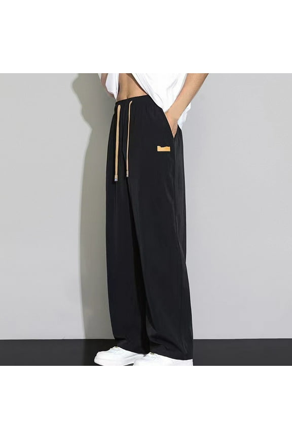 Straight Fit Pants for Men, Drawstring Work Pants, Loose Lounge Pants with Pockets, Lightweight Trousers, Elastic Waist Pants Black XXXXXL