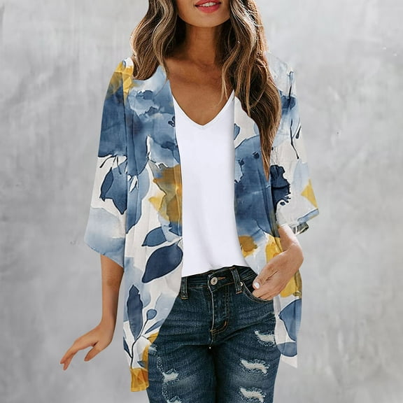 jjayotai Summer Lightweight Cardigan for Women, 3/4 Sleeve Chiffon Kimono Shrug Beach Cover Ups Boho Floral Print Swimsuit Coverup Multicolor XXL