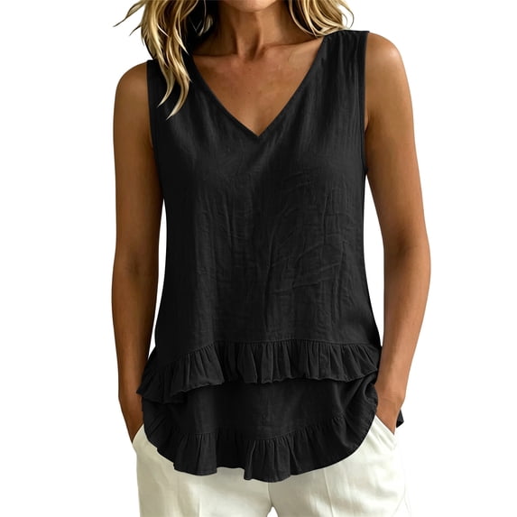 jjayotai Tank Tops for Women Casual V Neck Ruffle Hem Babydoll Tanks Sleeveless Flowy Peplum Tops