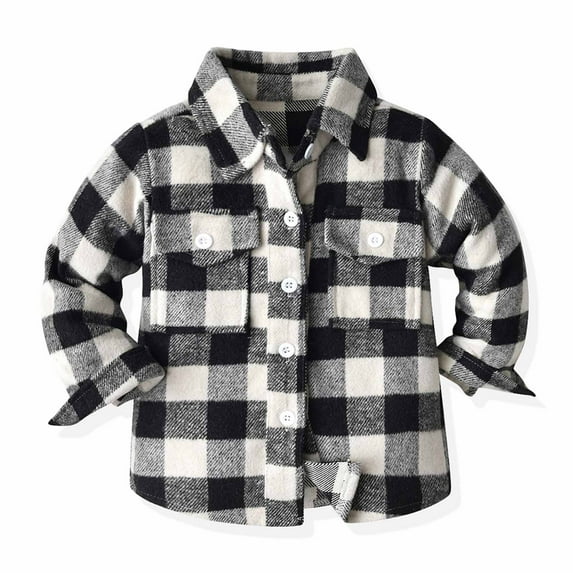 jjayotai Toddler Flannel Shirt Jacket Plaid Long Sleeve Lapel Button Down Shacket Kids Boys Girls Shirts Coats Fall Tops Black 3-4 Years