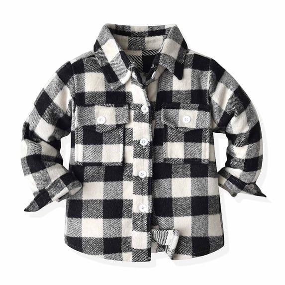 jjayotai Toddler Flannel Shirt Jacket Plaid Long Sleeve Lapel Button Down Shacket Kids Boys Girls Shirts Coats Fall Tops Black 4-5 Years