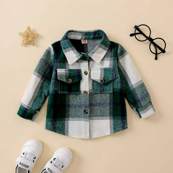 jjayotai Toddler Flannel Shirt Jacket Plaid Long Sleeve Lapel Button Down Shacket Kids Boys Girls Shirts Coats Fall Tops Green 4-5 Years
