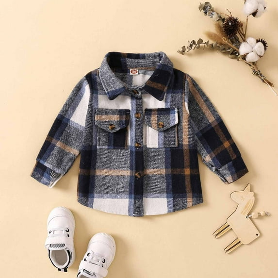jjayotai Toddler Flannel Shirt Jacket Plaid Long Sleeve Lapel Button Down Shacket Kids Boys Girls Shirts Coats Fall Tops Navy 3-4 Years