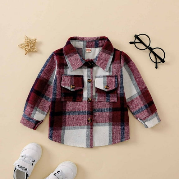 jjayotai Toddler Flannel Shirt Jacket Plaid Long Sleeve Lapel Button Down Shacket Kids Boys Girls Shirts Coats Fall Tops Red 1-2 Years