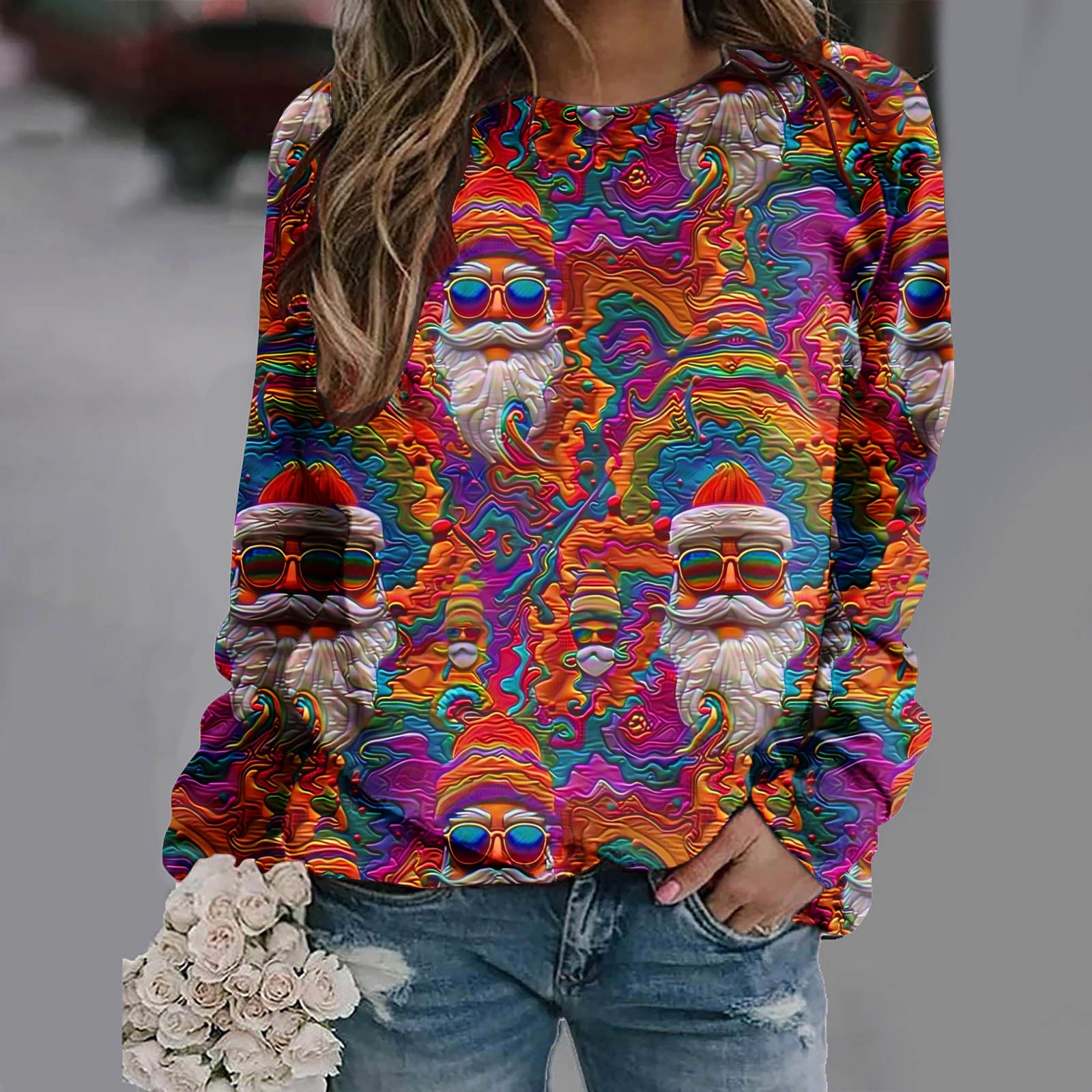 Sexy Pink Blue Tie Dye Christmas Pullover Ugly Sweater Sweatshirt main image 1