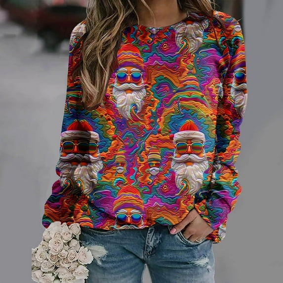 jjayotai Ugly Christmas Sweatshirts for Women, Plus Size Cute Funny 3D Digital Print Xmas Pullover Tops Crewneck Christmas Sweater Shirts Hot Pink XL