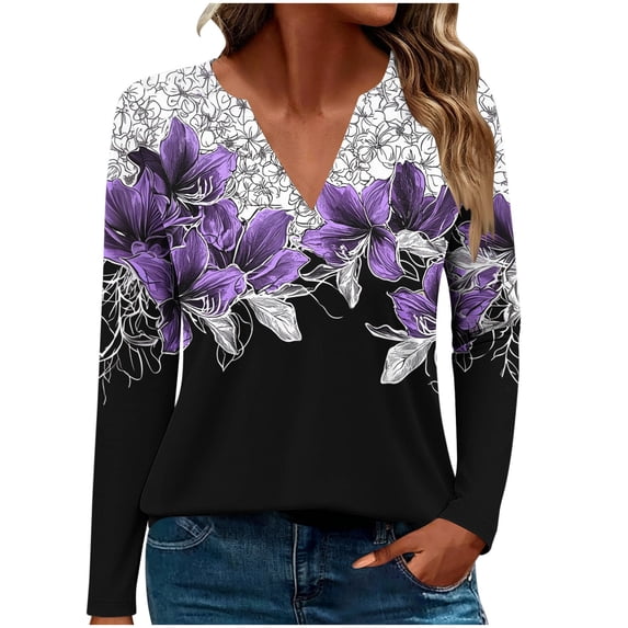jjayotai V-Neck Shirts for Women Long Sleeve Plus Size Comfort Funny Graphic Print T Shirts Casual Going out Top Blouses