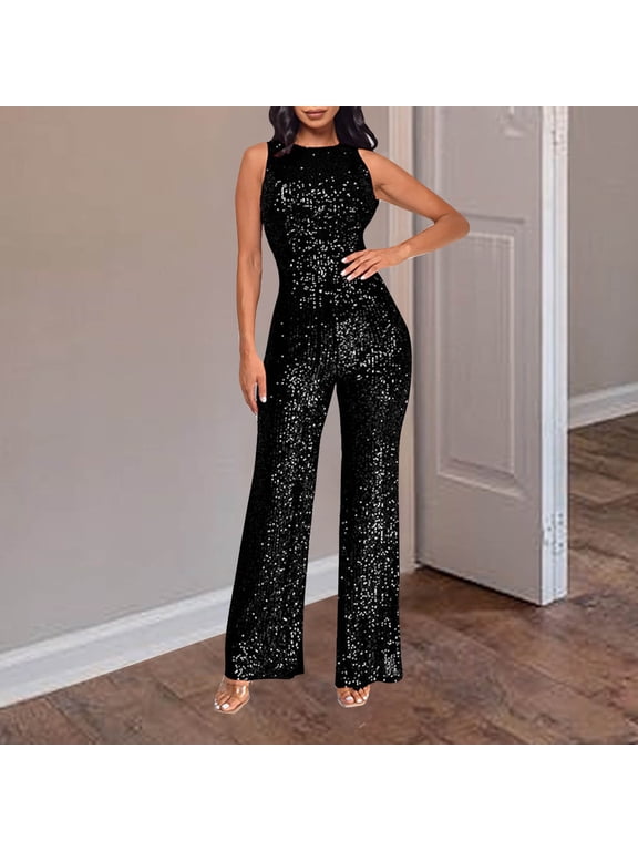 Wedding Guest Jumpsuit For Women, Formal Summer Sequin Sleeveless High Waist One Piece Outfits Slim-Fit Pants Romper Black L
