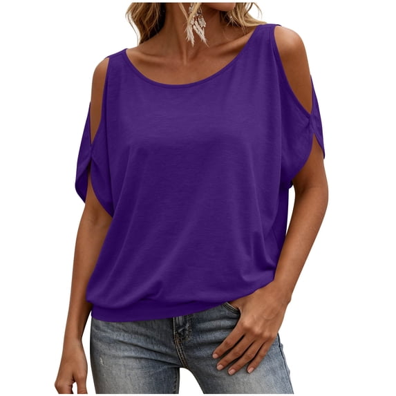 jjayotai Women Cold Shoulder Tops Summer Short Sleeve Shirt Scoop Neck Tee Casual Loose Fitted Solid Color Tunic Top