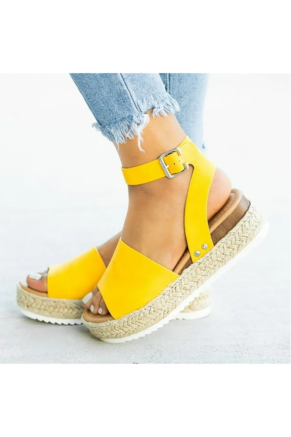 Women Shoes Clearance Woman Summer Sandals Open Toe Casual Platform Wedge Shoes Casual Canvas Shoes Rollbacks Yellow