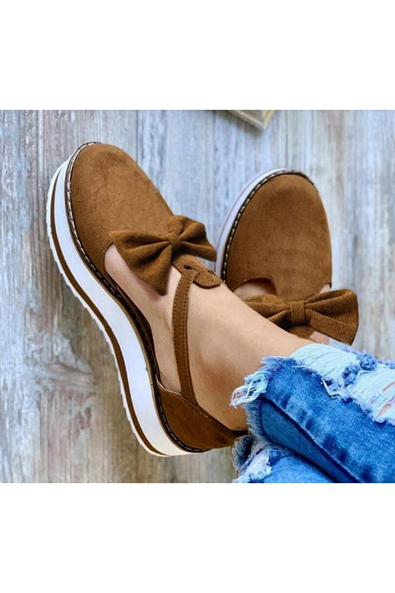 Women Shoes Clearance Women's Breathable Flat Round Toe Bowknot Buckle Strap Casual Single Shoes Rollbacks Brown