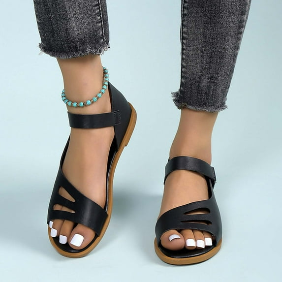 jjayotai Women Shoes Clearance Womens Summer Fashion Sandals Comfortable Solid Color Flat Casual Sandbeach Sandals Rollbacks Black
