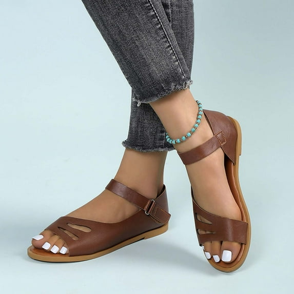 jjayotai Women Shoes Clearance Womens Summer Fashion Sandals Comfortable Solid Color Flat Casual Sandbeach Sandals Rollbacks Brown
