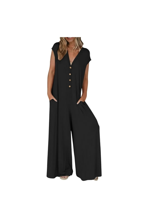 Women's 2024 Summer Fall Cap Sleeve Jumpsuits, Deep V Neck Button Onesie Wide Leg Pants Rompers
