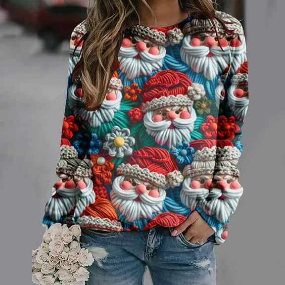 jjayotai Women's 3D Ugly Christmas Sweater, Plus Size Vintage Colorful Santa Print Sweatshirt, Plus Size Retro Santa Long Sleeve Tunic Blouses for Women Gift Light Blue XXXXL