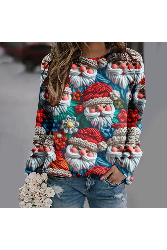 Women's 3D Ugly Christmas Sweater, Plus Size Vintage Colorful Santa Print Sweatshirt, Plus Size Retro Santa Long Sleeve Tunic Blouses for Women Gift Light Blue XXL