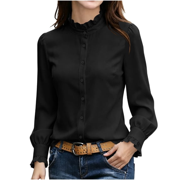 jjayotai Women's Button down Shirts Long Sleeve Smocked Cuffed Ruffle Collar Blouses Fall Work Business Casual Tops