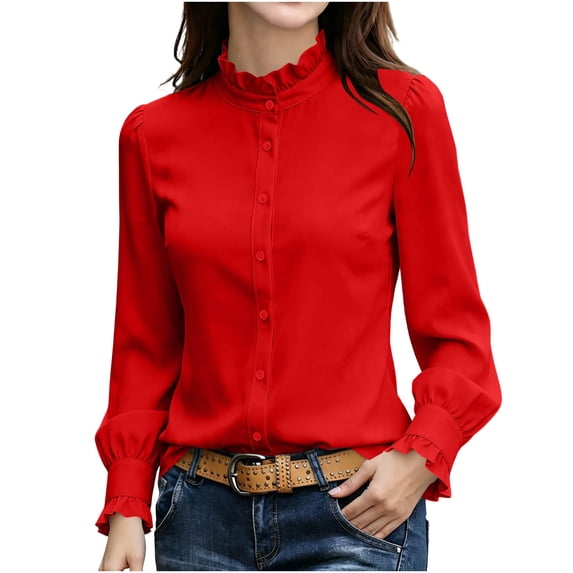 jjayotai Women's Button down Shirts Long Sleeve Smocked Cuffed Ruffle Collar Blouses Fall Work Business Casual Tops