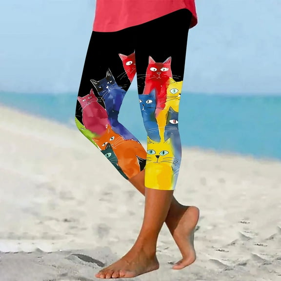 jjayotai Women's Capri Workout Leggings, Elastic Middle Waist Running Trousers Cute Cat Graphic Print Casual Capri Pants