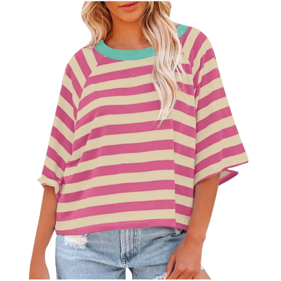 jjayotai Women's Casual 3/4 Sleeve T-Shirts, Fall Loose Round Neck Cute Tunic Tops Basic Tees Blouses Striped Pullover
