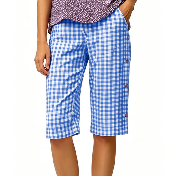 jjayotai Women's Casual Summer Bermuda Shorts Plaid Elastic Waist Shorts Button Deco Knee Length Long Shorts with Pockets