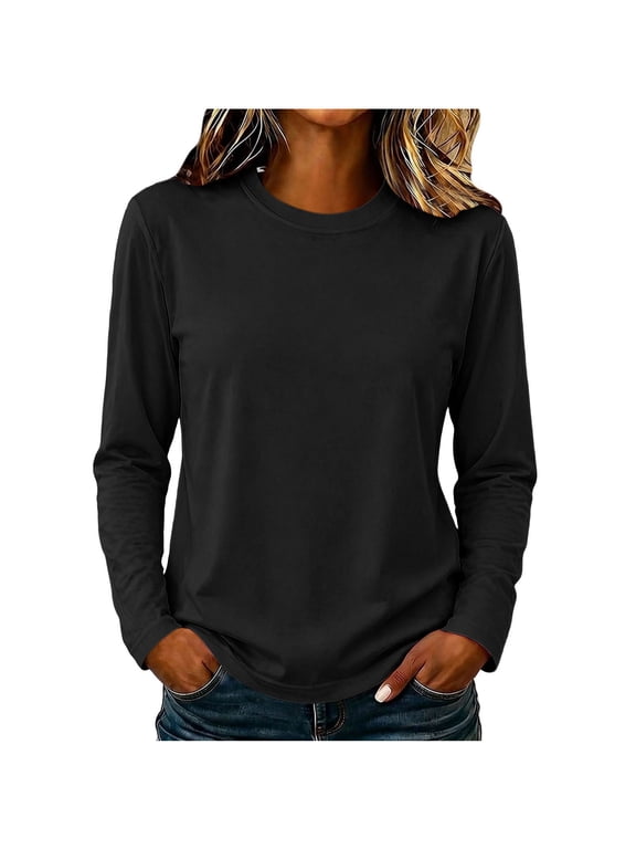 Women's Cotton Long Sleeve Shirts Crew Neck Soft Basic Tee Casual Plain T-Shirt Fall Tops