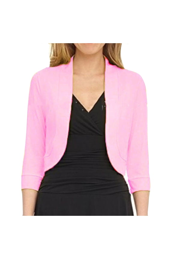 Women's Cropped Blazer, Casual Business 3/4 Sleeve Collarless Open Front Cardigans Work Jacket Short Shrug Tops