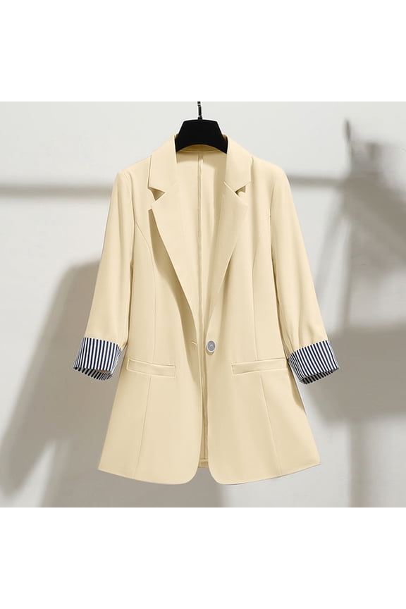 Women's Cropped Blazer Jacket, Fashion 3/4 Sleeve Single Button Cardigan Suit Coat Lapel Open Front Solid Cardigans Top