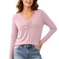 thumbnail image 1 of jjayotai Women's Deep V Neck Top Long Sleeve Ruched Front Blouse Slim Fit Fall Basic Layering Blouse, 1 of 6