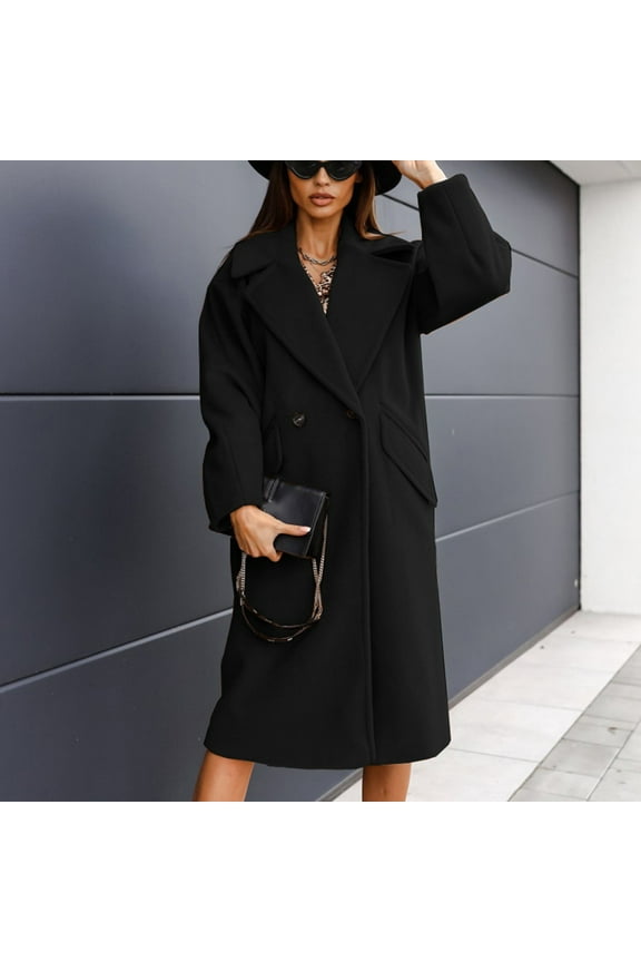 Women's Double Breasted Pea Coat, Notched Lapel Long Sleeve Wool Blend Trench Coats Fall Winter Essential Elegant Jacket Outwear