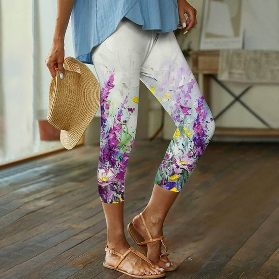 jjayotai Women's Floral Print Capri Leggings, High Waisted Tummy Control Tight Pants for Running Exercise Yoga Gym Workout Trousers