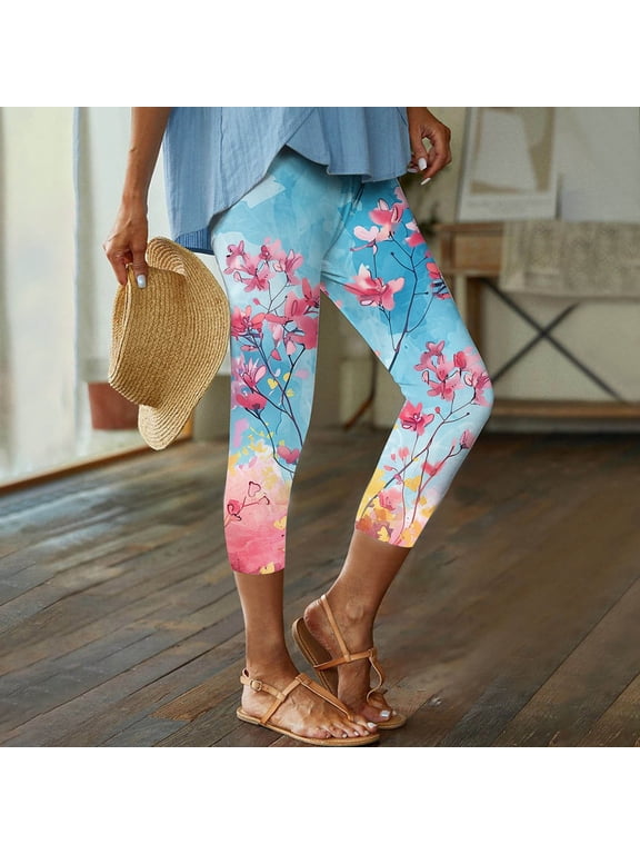 Women's Floral Print Capri Leggings, High Waisted Tummy Control Tight Pants for Running Exercise Yoga Gym Workout Trousers