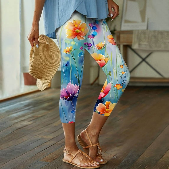 jjayotai Women's Floral Print Capri Leggings, High Waisted Tummy Control Tight Pants for Running Exercise Yoga Gym Workout Trousers