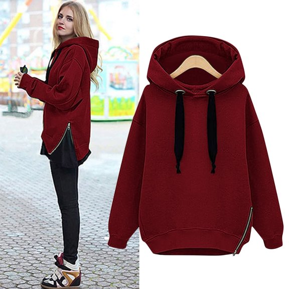 jjayotai Women's Hoodie Pullover, Side Zipper Hooded Warm Hoodie Casual Fashion Solid Color Drawstring Sweatshirt