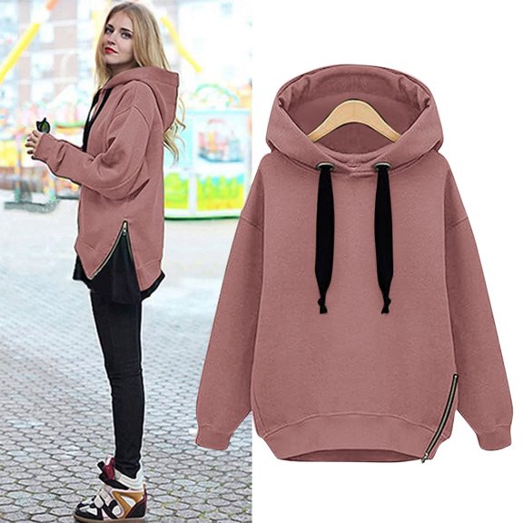 jjayotai Women's Hoodie Pullover, Side Zipper Hooded Warm Hoodie Casual Fashion Solid Color Drawstring Sweatshirt