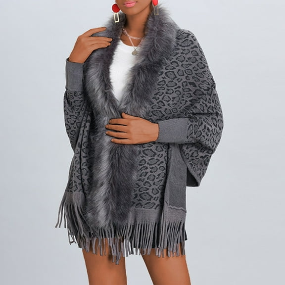 jjayotai Women's Leopard Print Cardigan, Open Front Fluffy Fringed Poncho Cape Shawl Wrap Long Cardigans Plus Size Sweater Coat Gray Free Size