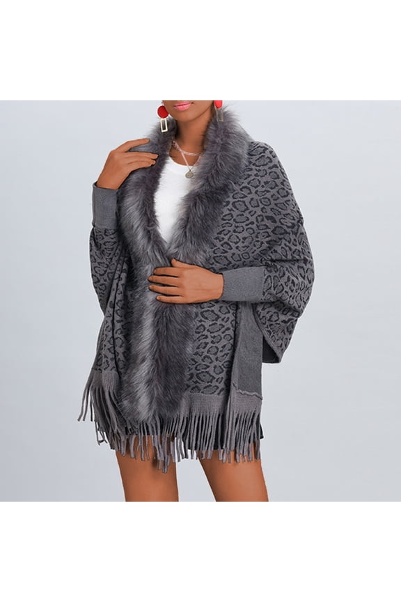 Women's Leopard Print Cardigan, Open Front Fluffy Fringed Poncho Cape Shawl Wrap Long Cardigans Plus Size Sweater Coat Gray Free Size