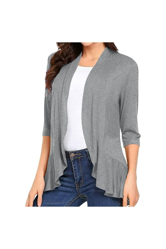 Women's Open Front Cardigan, 3/4 Sleeve Draped Ruffles Soft Knited Sweaters Fall Lightweight Casual Loose Blouse Tops