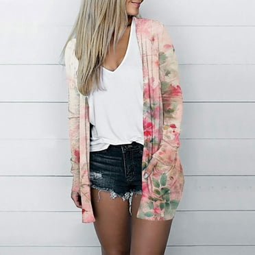 jjayotai Women's Open Front Lightweight Cardigan, Loose Casual Feather Print Tops Long Sleeve Fall Cardigans Sweaters with Pockets Pink XXL