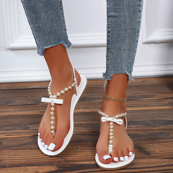 jjayotai Women's Sandals Clearance Women's Casual Beach Summer Fashion Shoes Pearl Beaded Bow Flat Heel Slippers Solid Color Sandals Flip Flops Flash Picks White