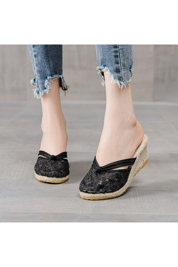 Women's Sandals Clearance Women's High Heels Shoes Linen Straw Sandals Wedges Casual Dress Lace Slippers Flash Picks Black