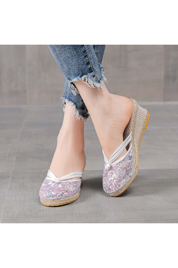 Women's Sandals Clearance Women's High Heels Shoes Linen Straw Sandals Wedges Casual Dress Lace Slippers Flash Picks White