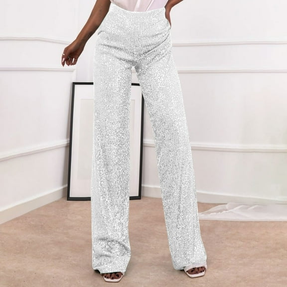 jjayotai Women's Straight Leg Pants, Solid Color Sequined Fashion Casual High Waisted Trousers