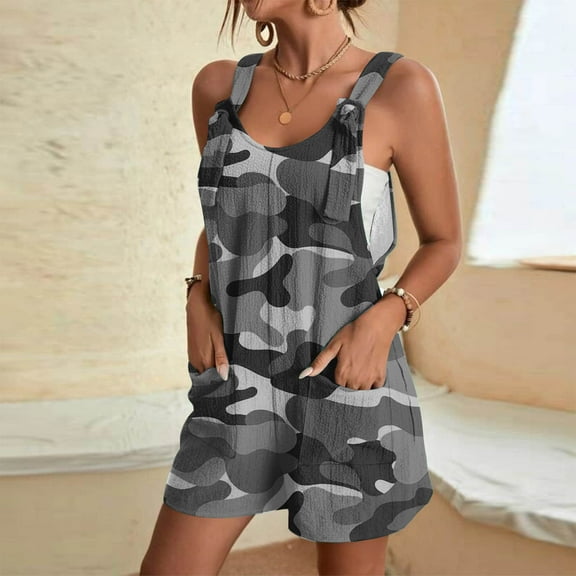 jjayotai Women's Suspender Jumpsuit Shorts Women's Summer Comfortable Casual Suspender Printing Shorts Pocket Jumpsuit Shorts