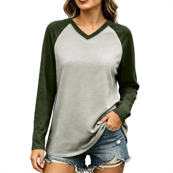 jjayotai Women's V Neck Long Sleeve Shirts, Raglan Color Block Tees Baseball Style Loose Casual Tops