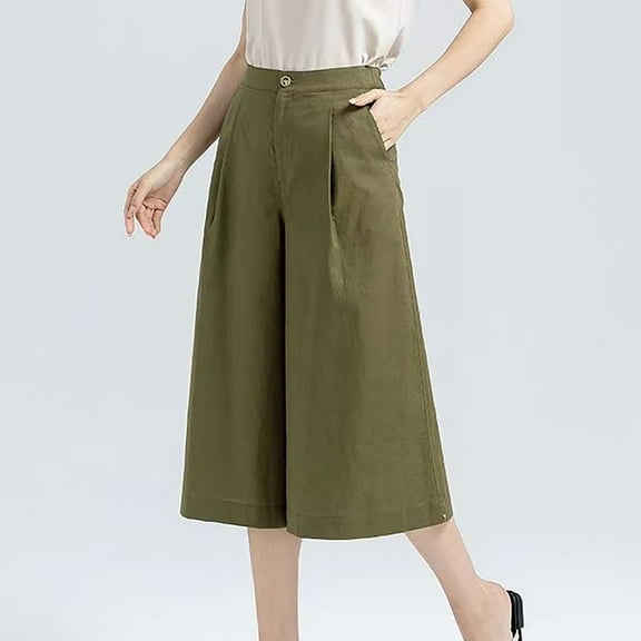 jjayotai Women's Wide Leg Capris, Loose High Waisted Linen Wide Leg Capris Solid Color Pants Green M