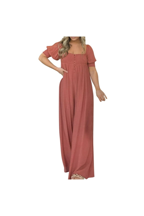 Womens 2024 Summer Fall Short Puff Sleeve Jumpsuits, Button Down Square Neck Smocked Rompers Casual Loose Wide Leg Pants