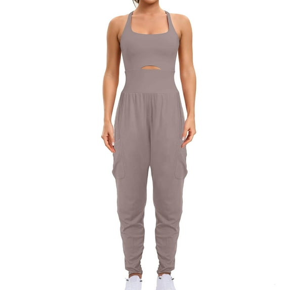 jjayotai Womens Athletic Romper, Workout Hiking Jumpsuit Running Outfit One Piece Activewear with Pockets Khaki L